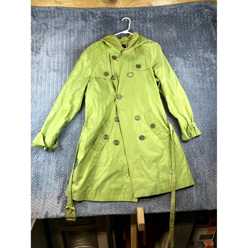 London Fog Trench Coat Womens XL Lime Green Cotton Hooded Belted Double Breasted